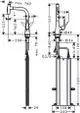 Hansgrohe Küchenarmatur mit ausziehbarer Brause, dargestellt in technischen Zeichnungen mit Maßen, Komponenten und Designmerkmalen.